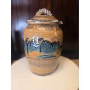 Signed ADRIAN Lidded Pottery Jar Brown And Blue Drip Glaze Twisted Handle VTG